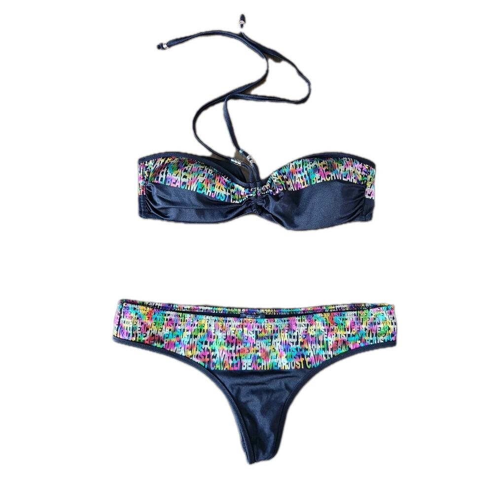 Just Cavalli Vintage Y2K Beach Wear Rainbow Logo Black Thong Bikini Size XL Rare